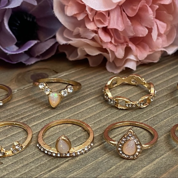 12 Pcs Boho Gypsy Gold, Crystal & Opal Ring Set - Picture 9 of 16